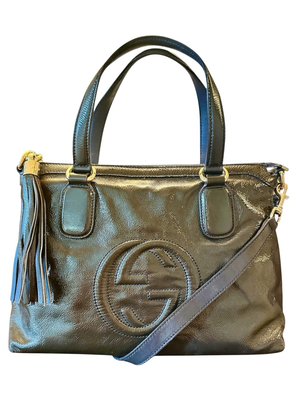 GUCCI Dark Grey - Olive Green Patent Leather GG Soho Tote Bag RARE Colorway